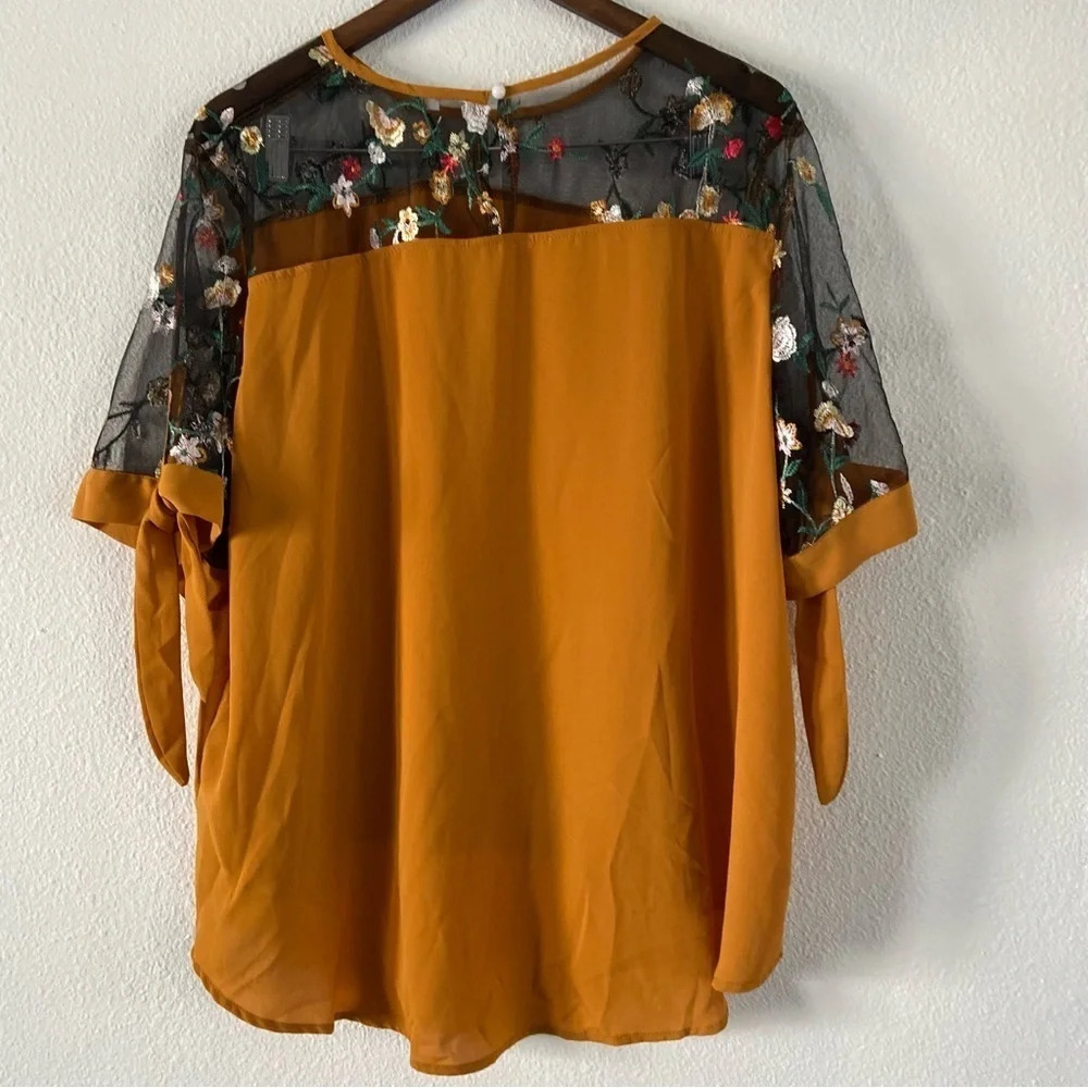 Mustard Yellow Folk Embroidered Eclectic Mesh Panel Top 3XL Boho Chic Plus - Picture 11 of 12